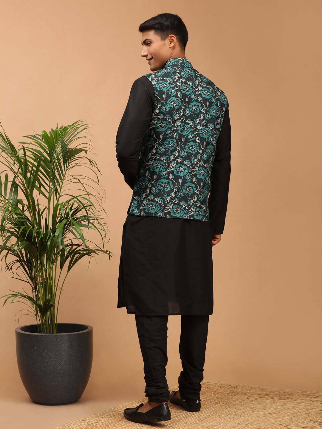 Men's Black Viscose Straight Jacket Kurta and Pyjama Set