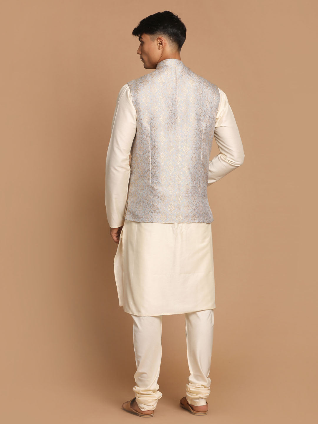 Men's Cream Viscose Straight Jacket Kurta and Pyjama Set