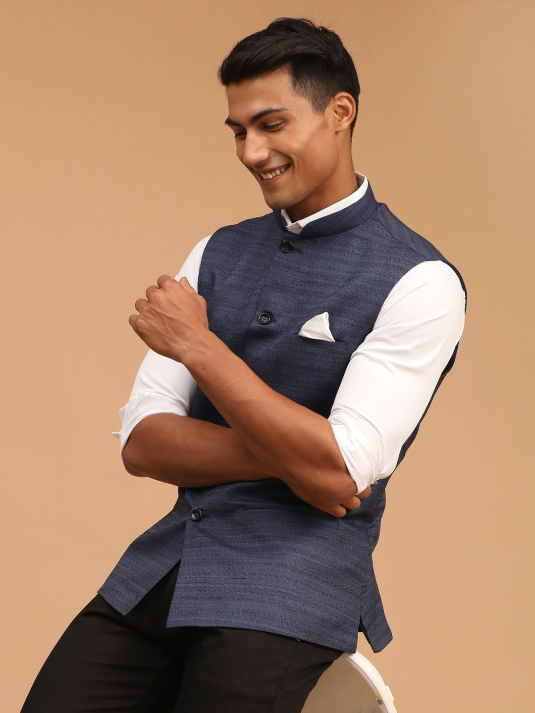 Men's Blue Silk Blend Straight Nehru Jacket