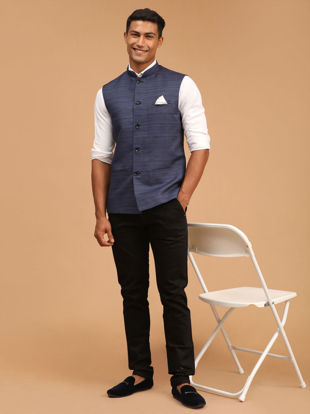 Men's Blue Silk Blend Straight Nehru Jacket