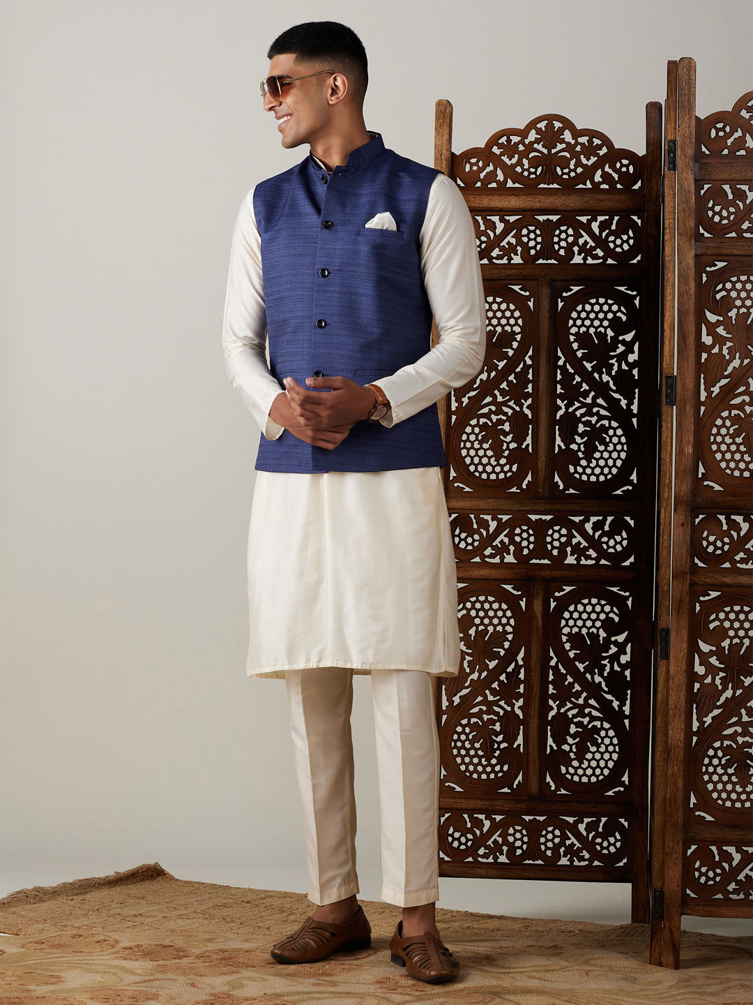 Men's Cream Viscose Straight Jacket Kurta and Pyjama Set