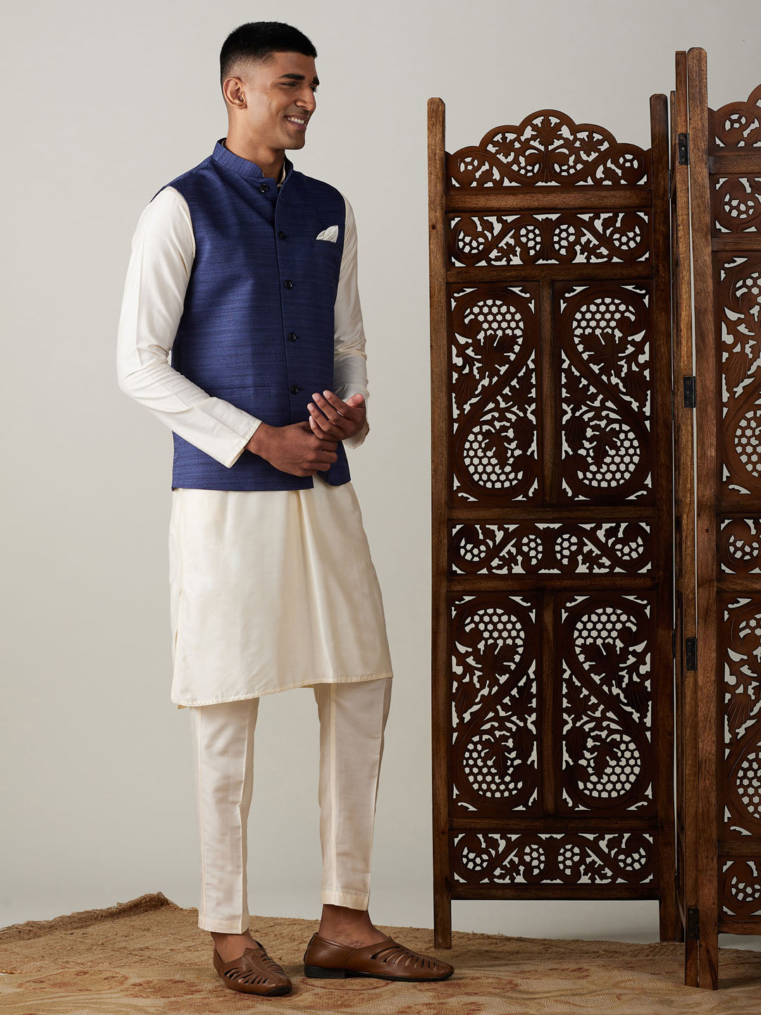 Men's Cream Viscose Straight Jacket Kurta and Pyjama Set