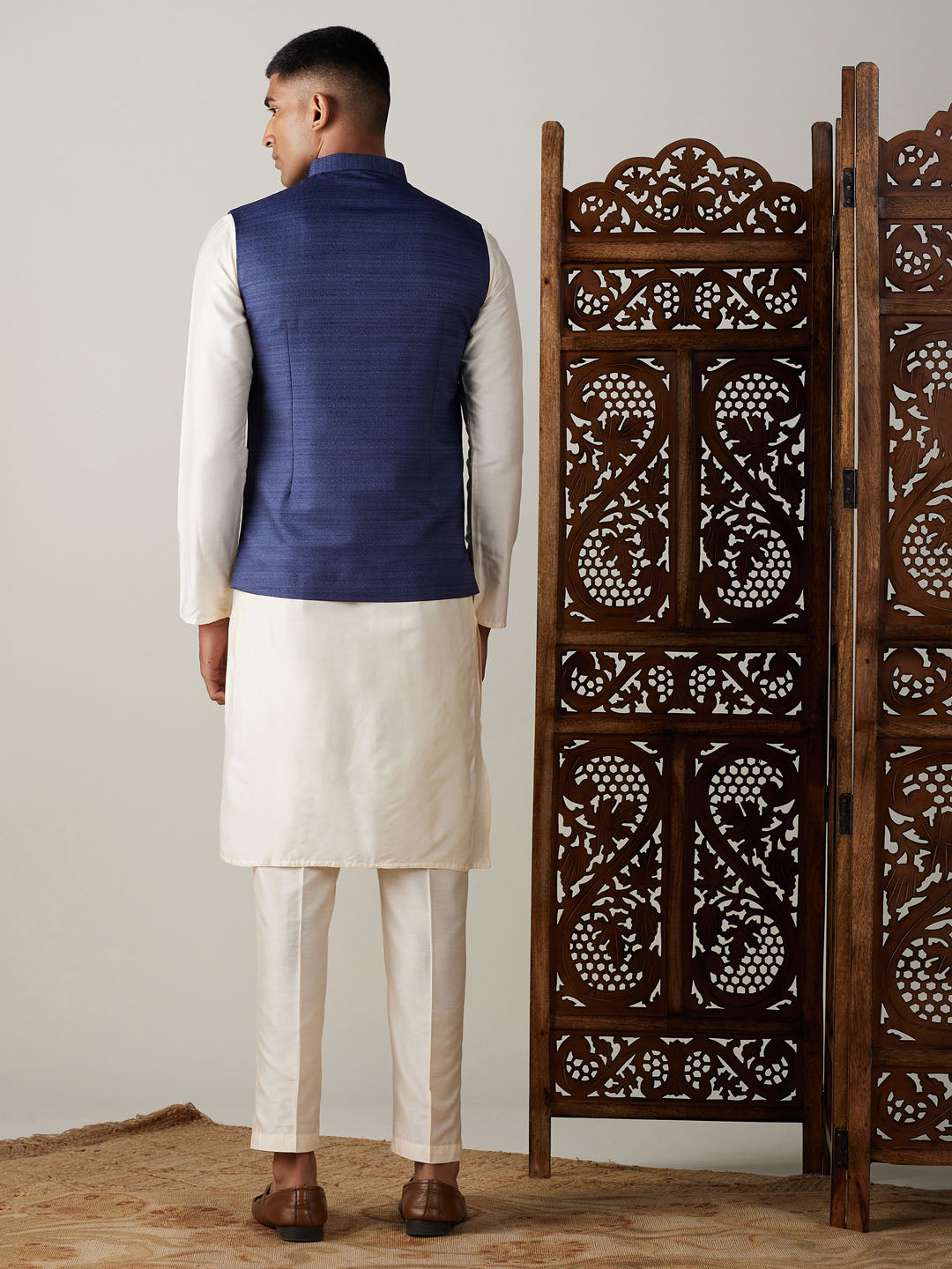 Men's Cream Viscose Straight Jacket Kurta and Pyjama Set