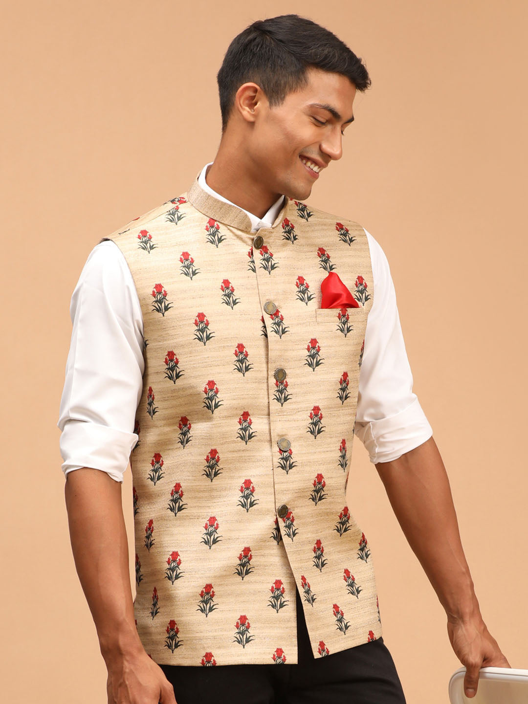 Men's Beige Silk Blend Straight Nehru Jacket