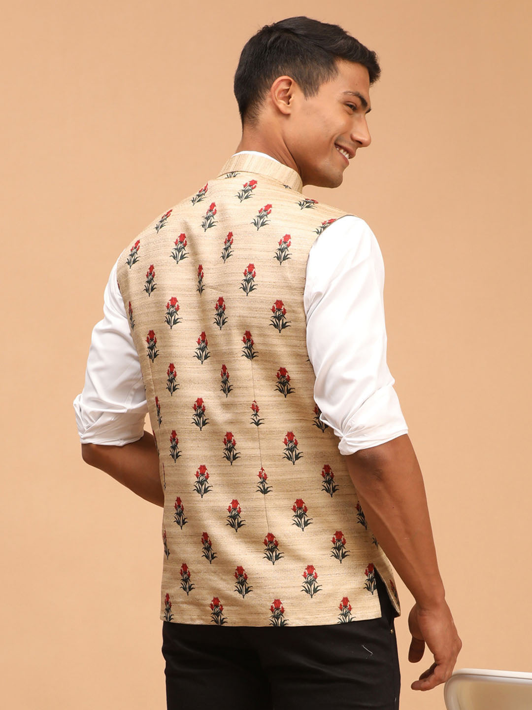 Men's Beige Silk Blend Straight Nehru Jacket