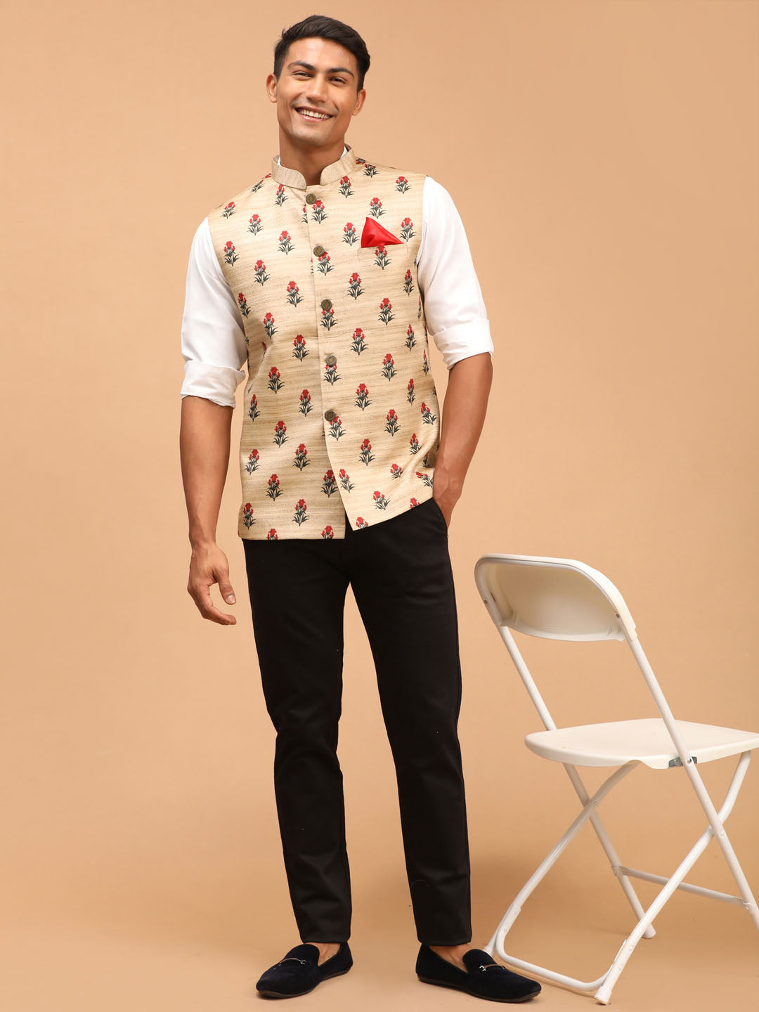 Men's Beige Silk Blend Straight Nehru Jacket
