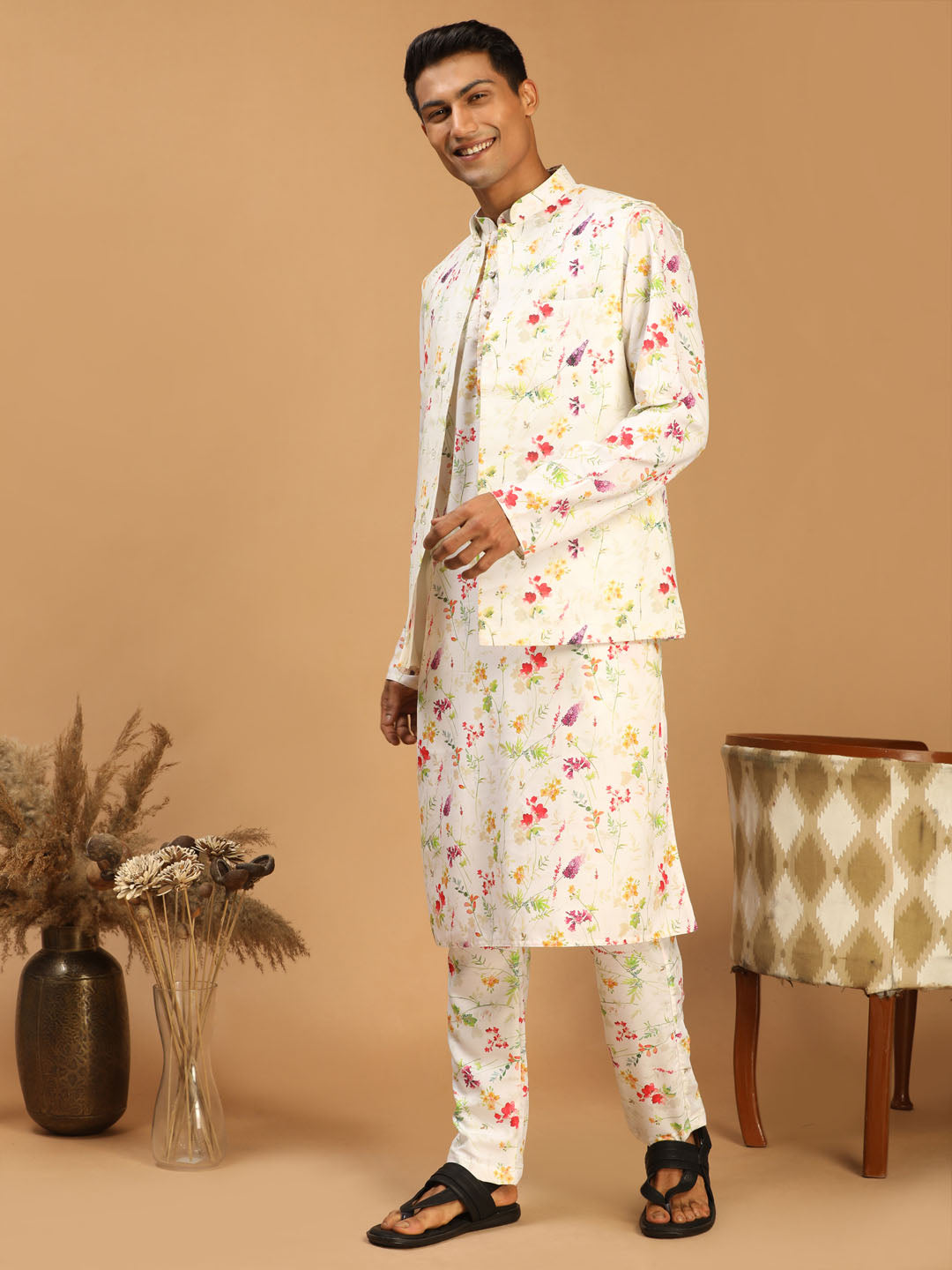 Men's Cream Cotton Blend Straight Jacket Kurta and Pyjama Set