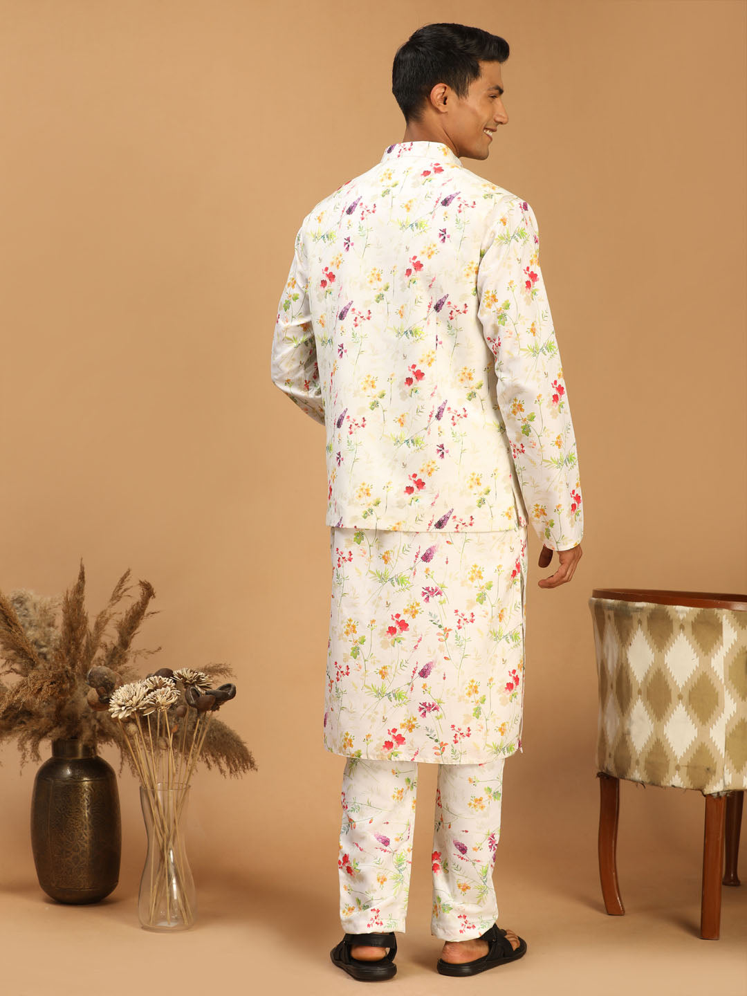 Men's Cream Cotton Blend Straight Jacket Kurta and Pyjama Set