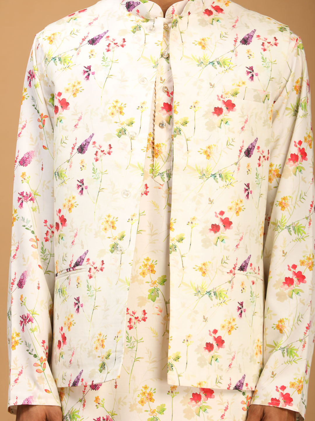 Men's Cream Cotton Blend Straight Jacket Kurta and Pyjama Set