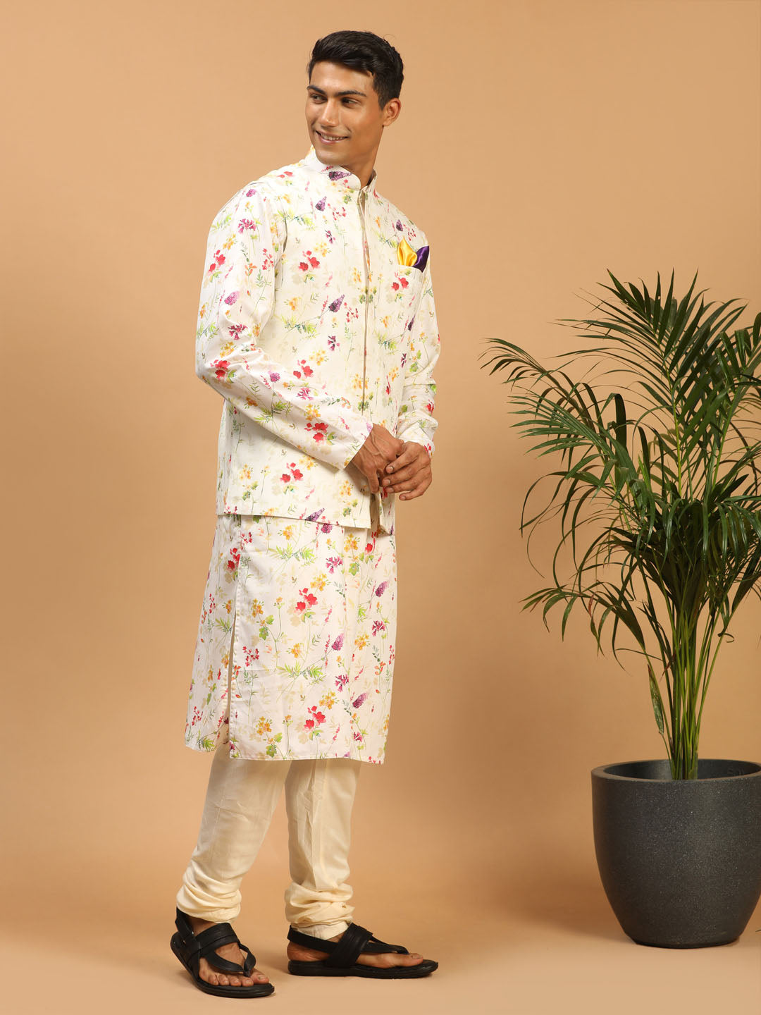 Men's Cream Cotton Blend Straight Jacket Kurta and Pyjama Set
