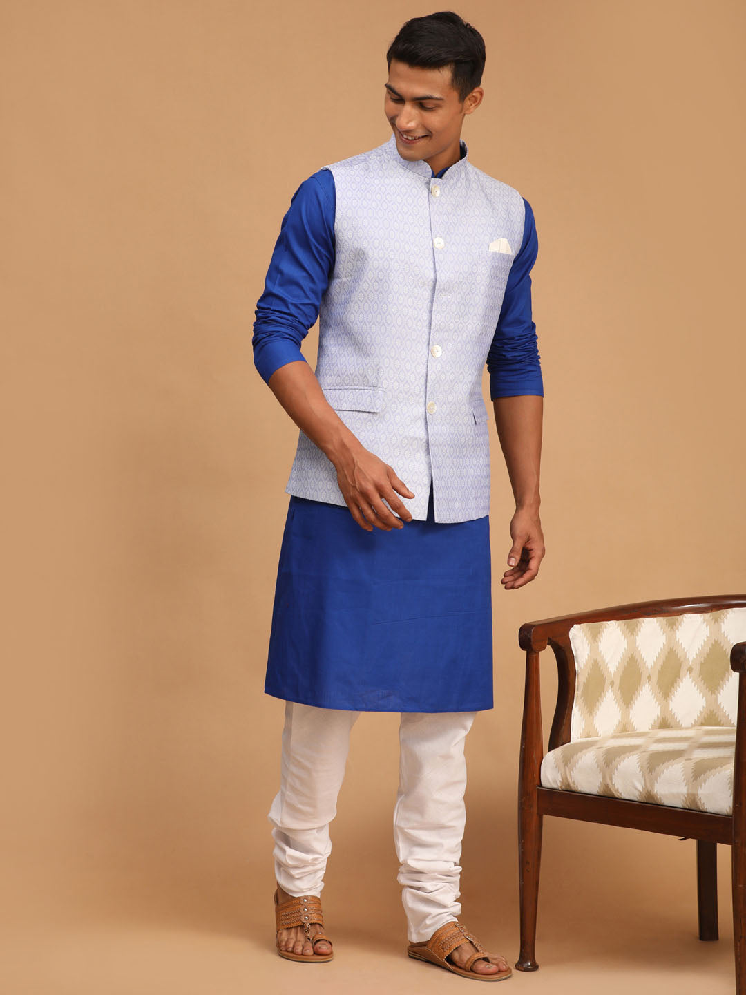 Men's Blue Cotton Blend Straight Jacket Kurta and Pyjama Set
