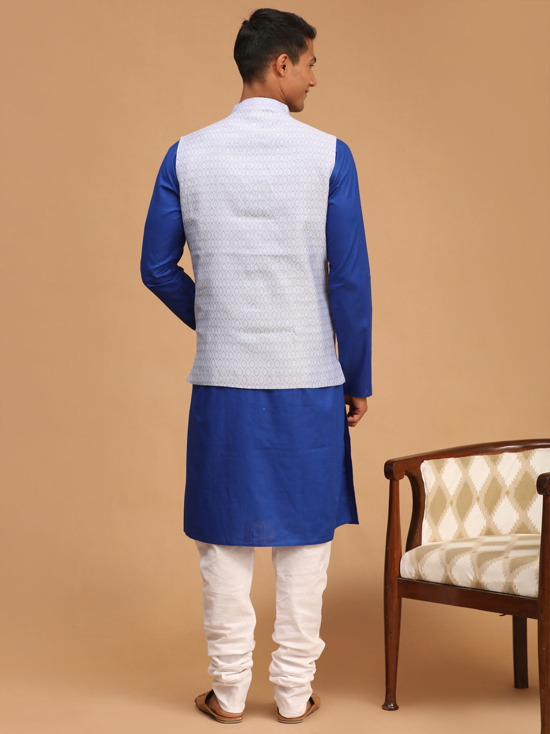 Men's Blue Cotton Blend Straight Jacket Kurta and Pyjama Set
