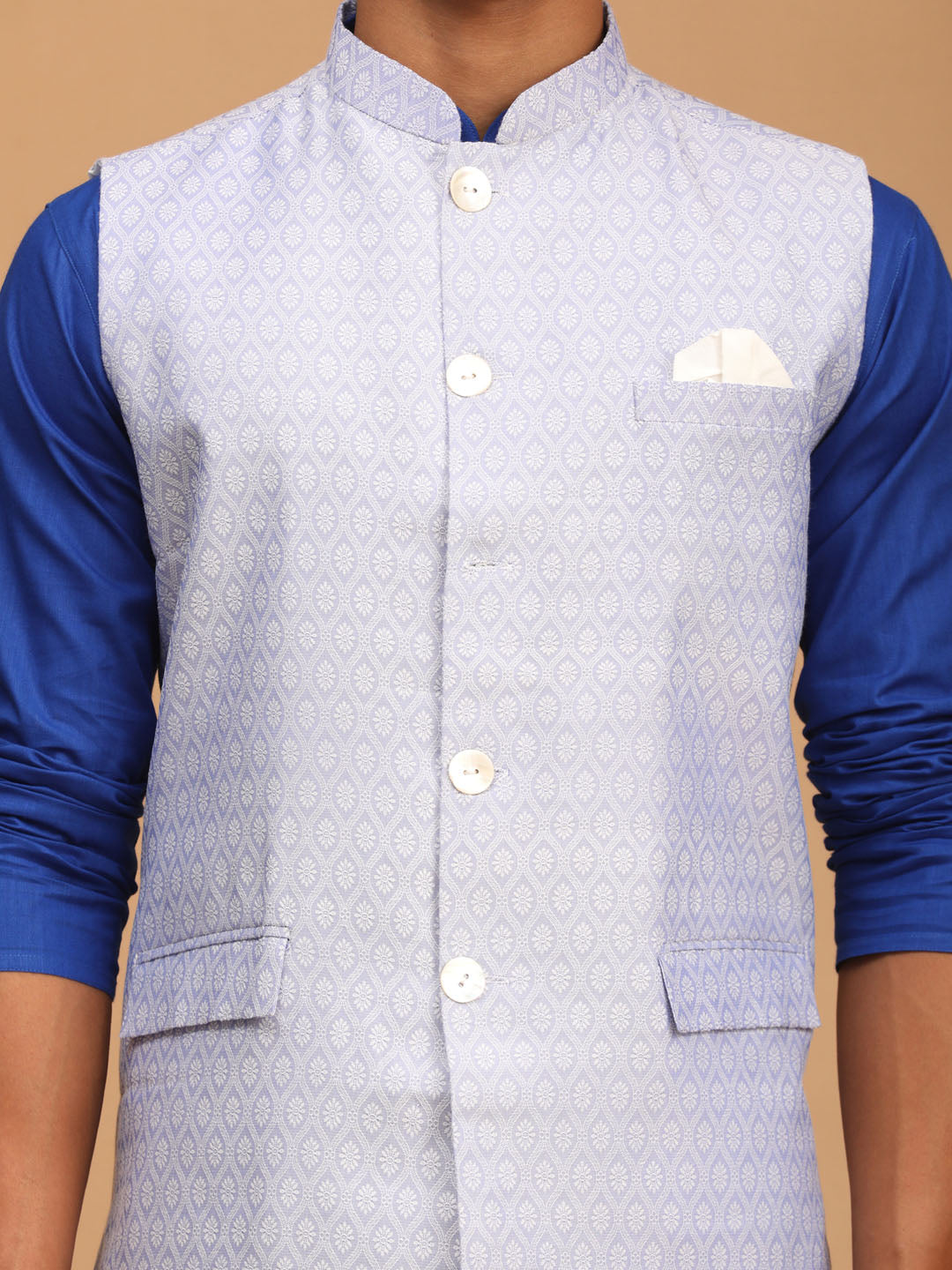 Men's Blue Cotton Blend Straight Jacket Kurta and Pyjama Set