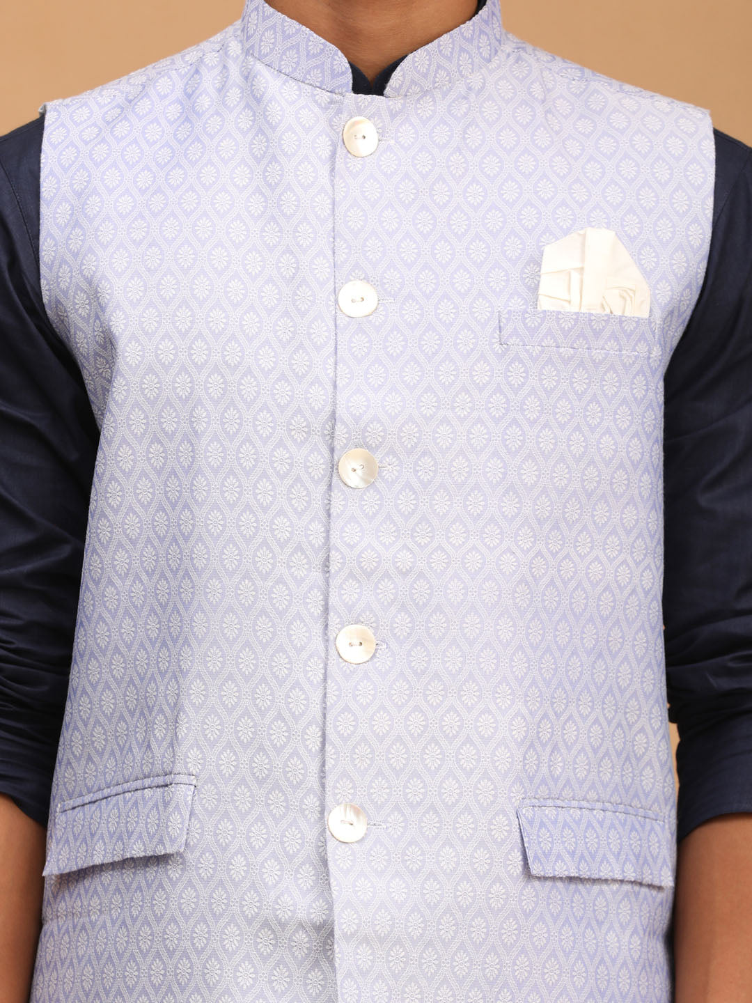 Men's Navy Blue Cotton Blend Straight Jacket Kurta and Pyjama Set