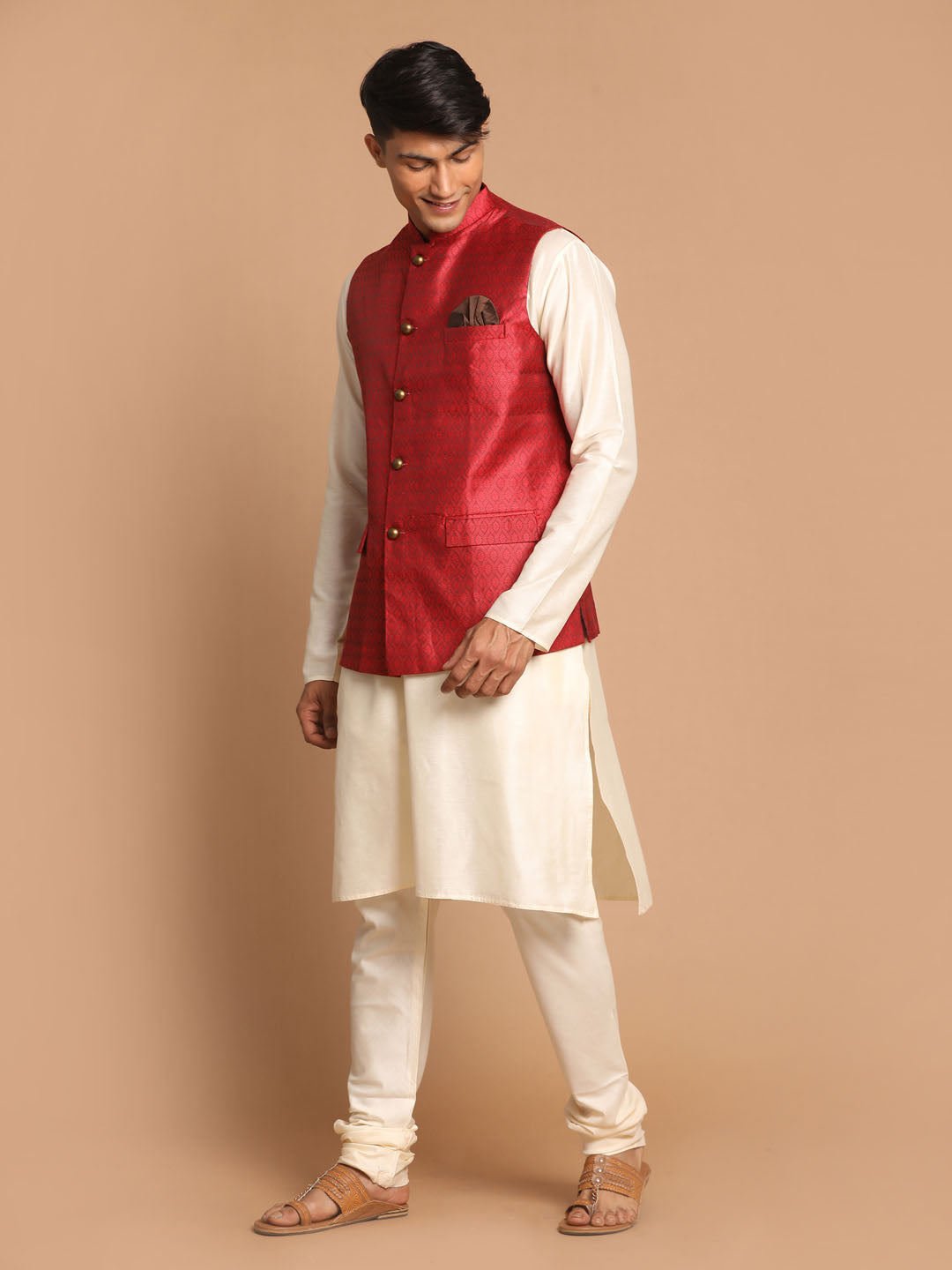 Men's Cream Viscose Straight Jacket Kurta and Pyjama Set