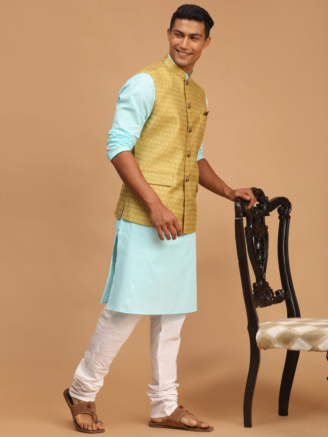 Men's Aqua Cotton Blend Straight Jacket Kurta and Pyjama Set
