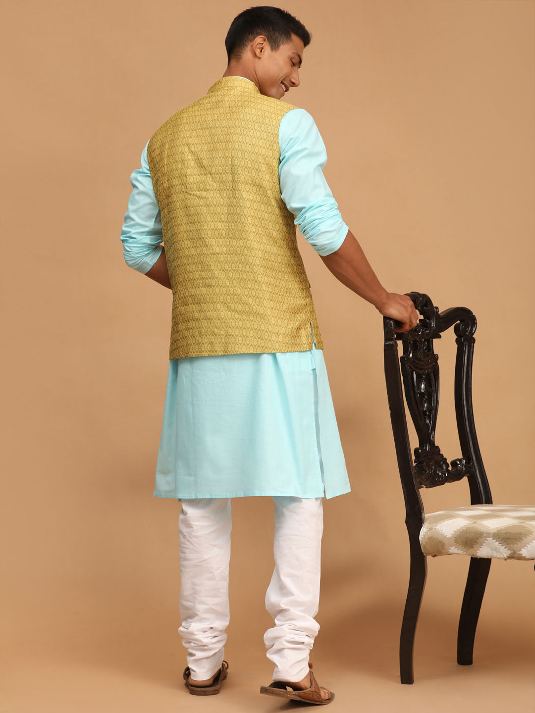 Men's Aqua Cotton Blend Straight Jacket Kurta and Pyjama Set