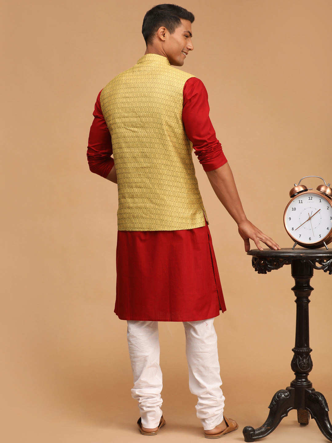 Men's Maroon Cotton Blend Straight Jacket Kurta and Pyjama Set