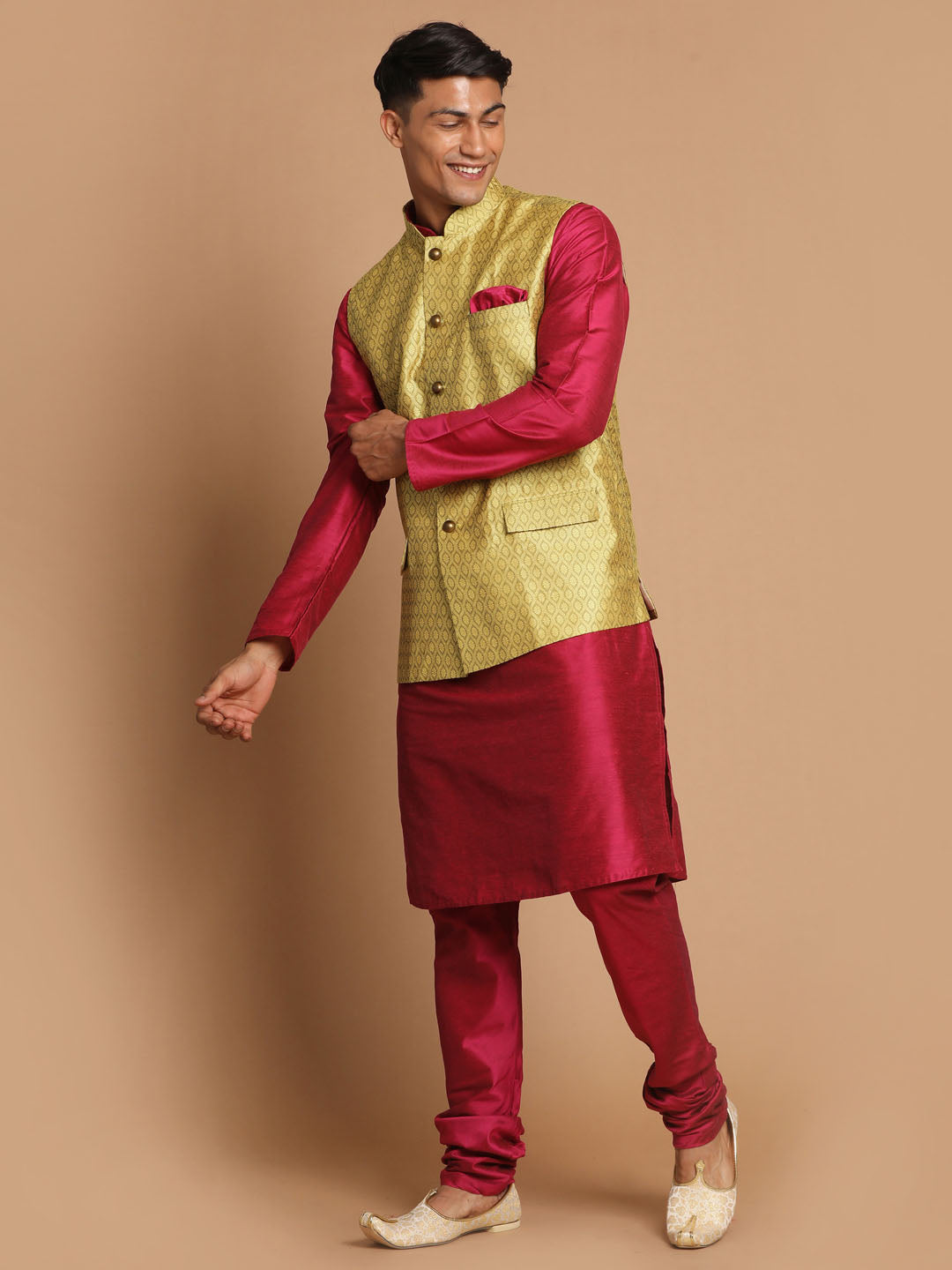 Men's Pink Viscose Straight Jacket Kurta and Pyjama Set