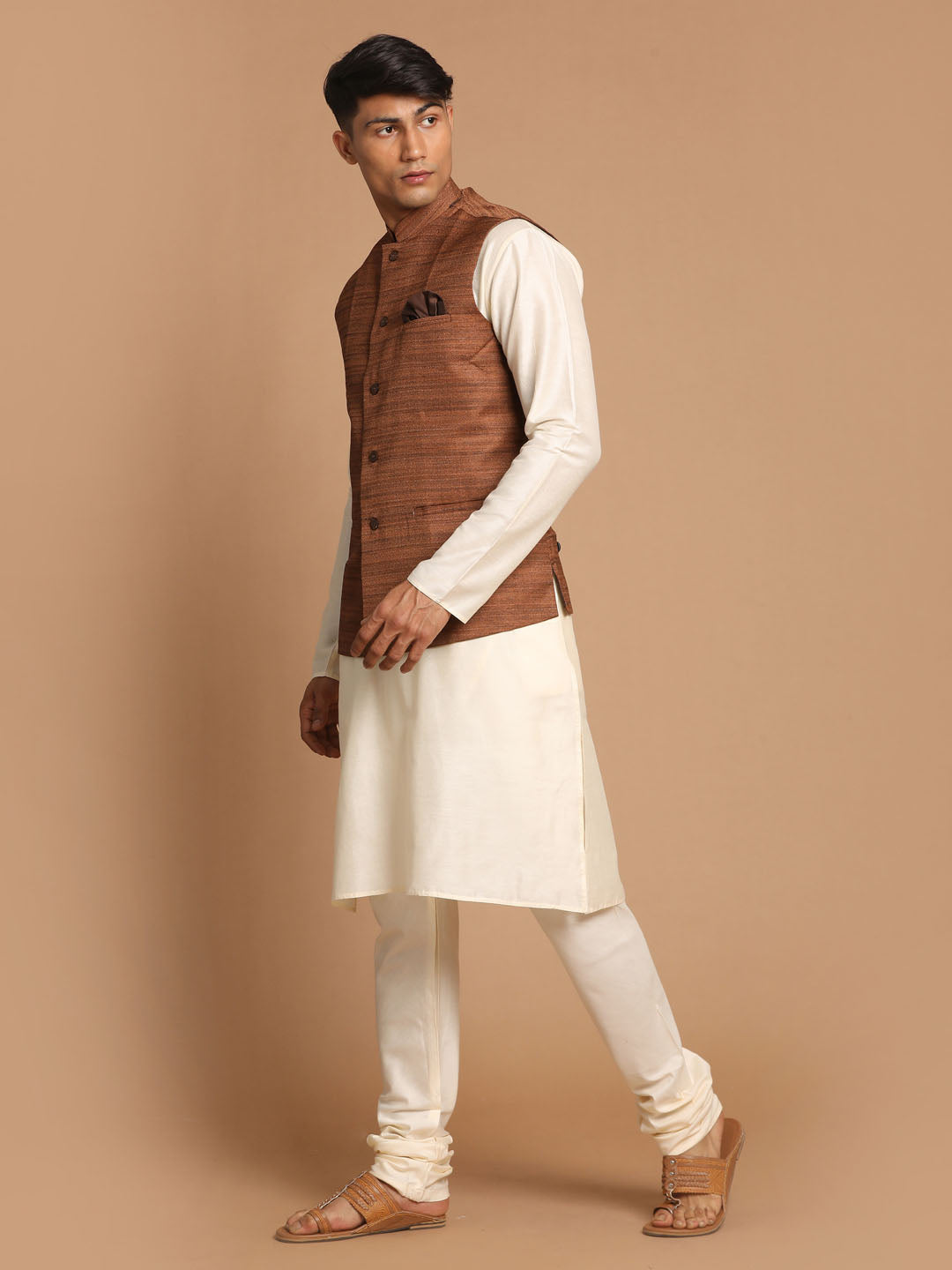 Men's Cream Viscose Straight Jacket Kurta and Pyjama Set