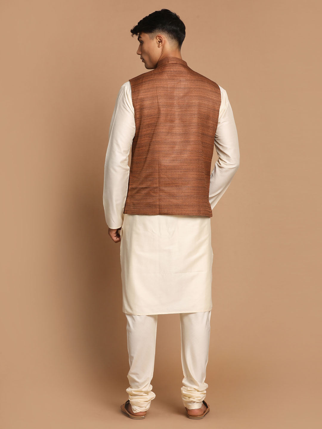 Men's Cream Viscose Straight Jacket Kurta and Pyjama Set