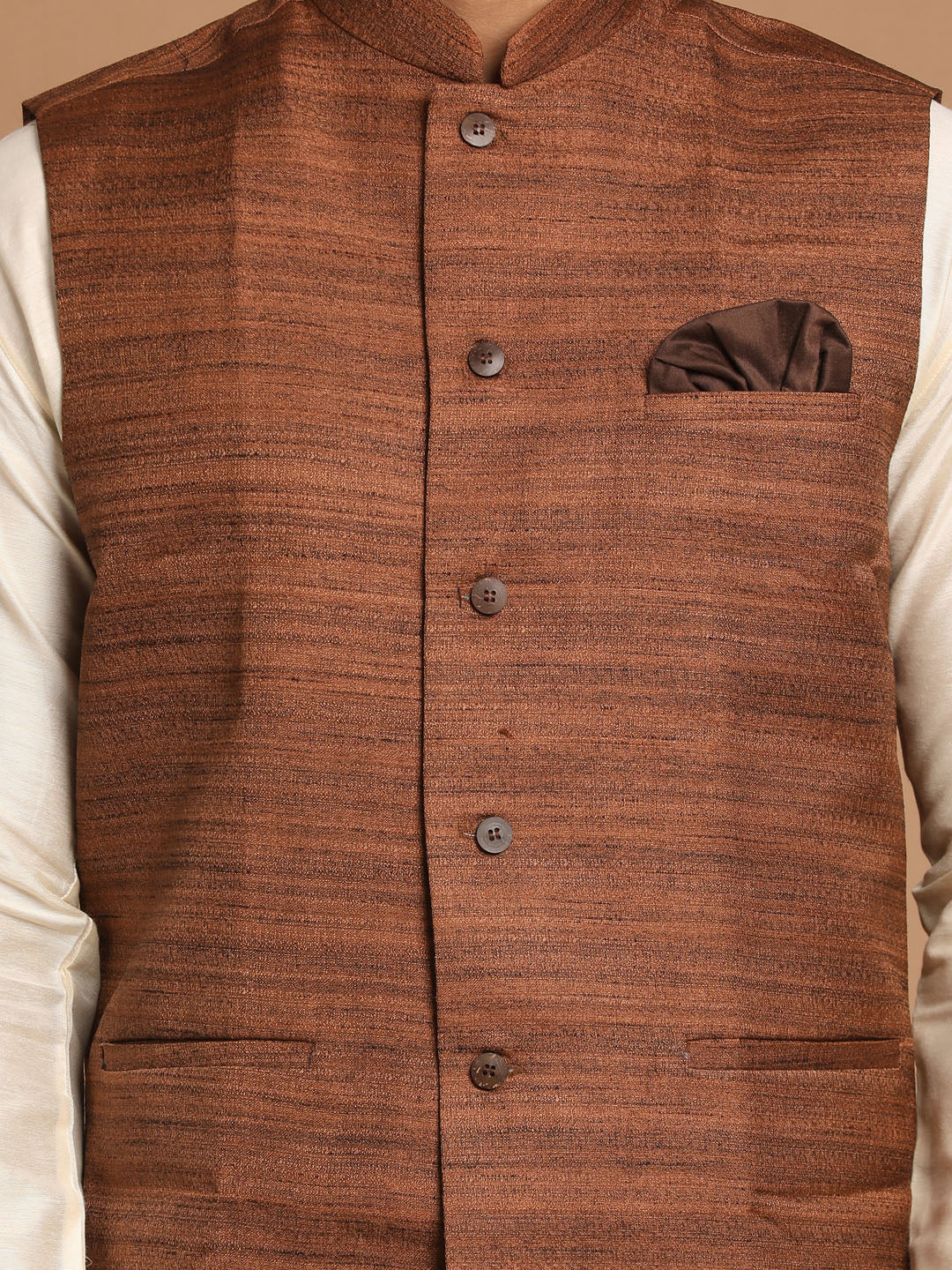 Men's Cream Viscose Straight Jacket Kurta and Pyjama Set