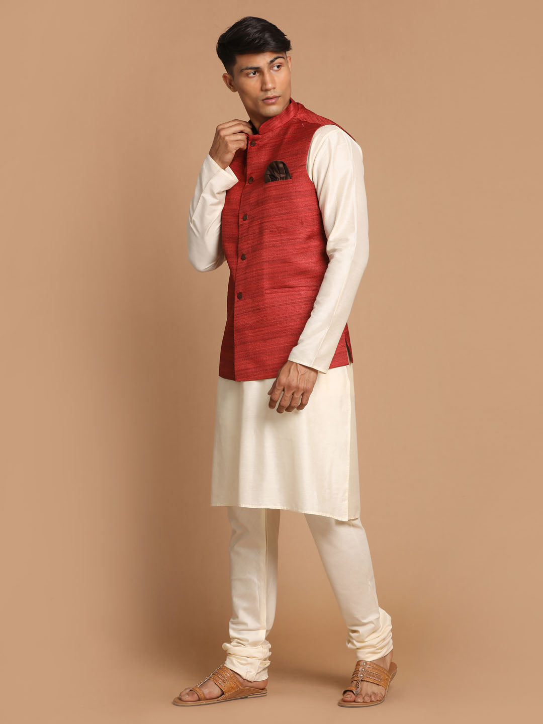 Men's Cream Viscose Straight Jacket Kurta and Pyjama Set