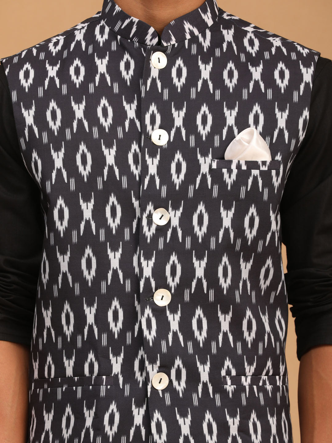 Men's Black Cotton Blend Straight Jacket Kurta and Pyjama Set