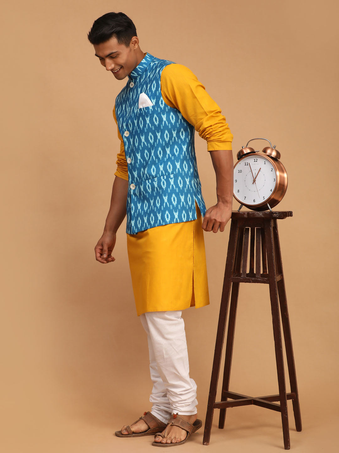 Men's Mustard Cotton Blend Straight Jacket Kurta and Pyjama Set