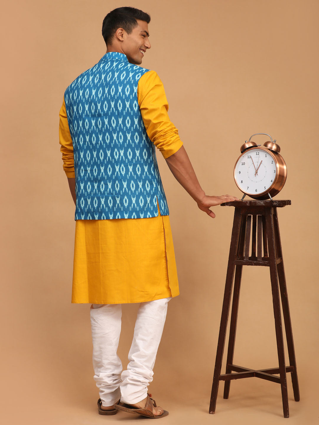 Men's Mustard Cotton Blend Straight Jacket Kurta and Pyjama Set
