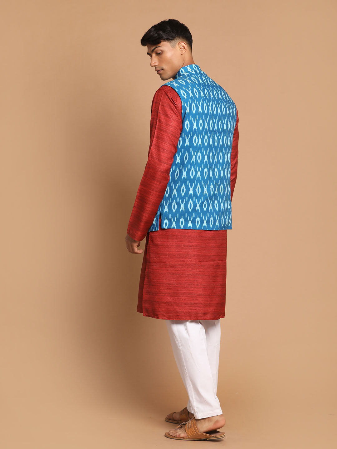 Men's Maroon Cotton Blend Straight Jacket Kurta and Pyjama Set