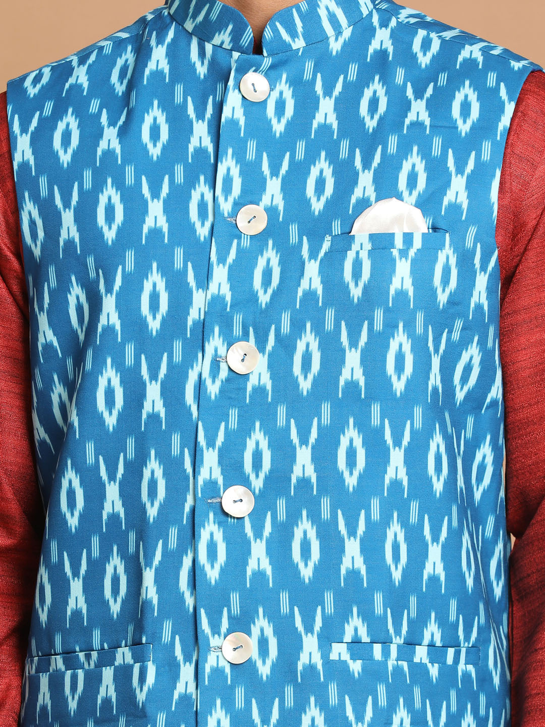 Men's Maroon Cotton Blend Straight Jacket Kurta and Pyjama Set