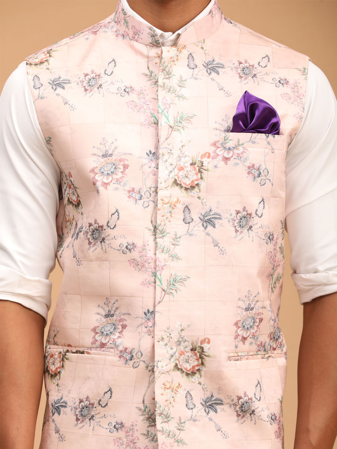 Men's MulticolorBasePeach Cotton Blend Straight Nehru Jacket
