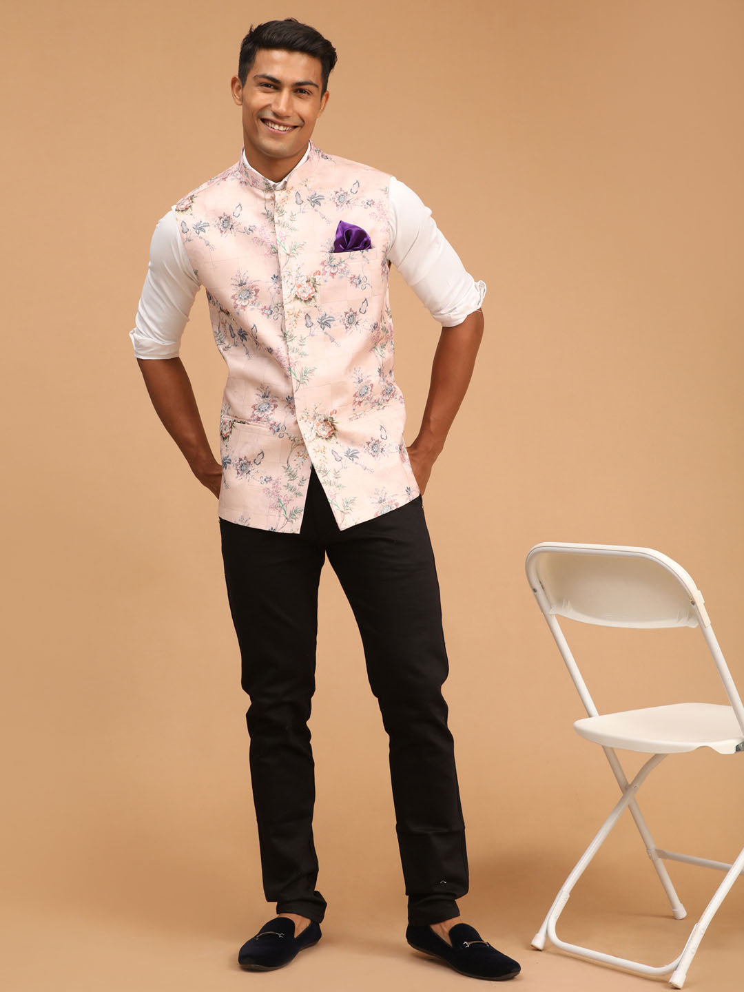 Men's MulticolorBasePeach Cotton Blend Straight Nehru Jacket