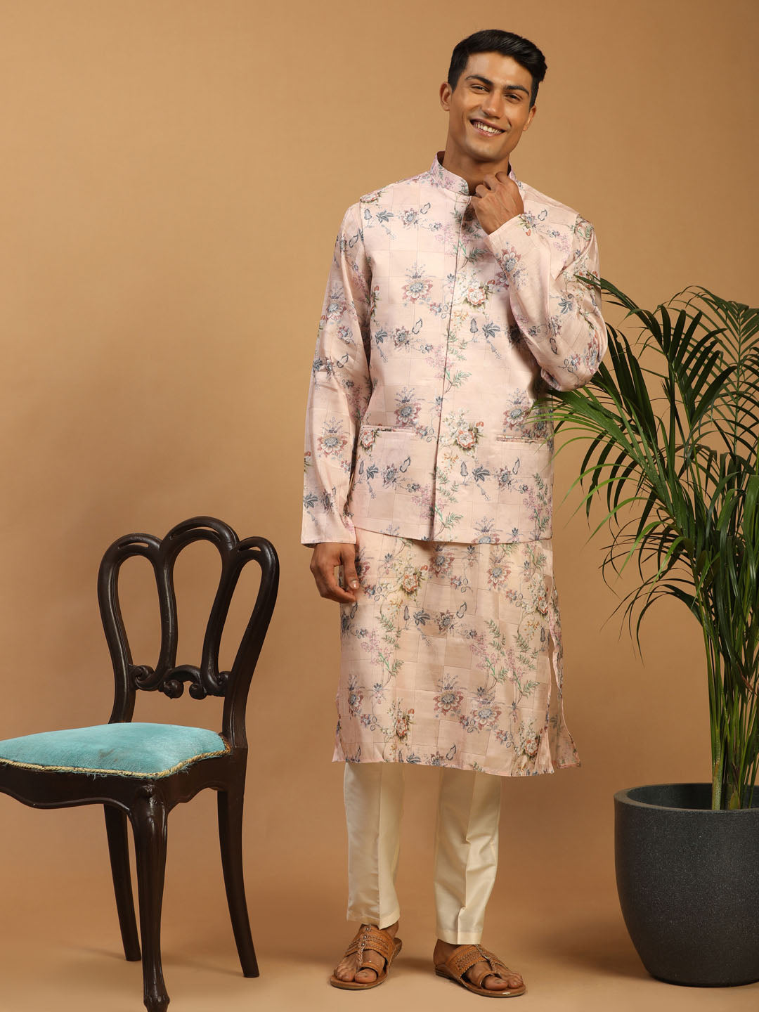 Men's MulticolorBasePeach Cotton Blend Straight Jacket Kurta and Pyjama Set