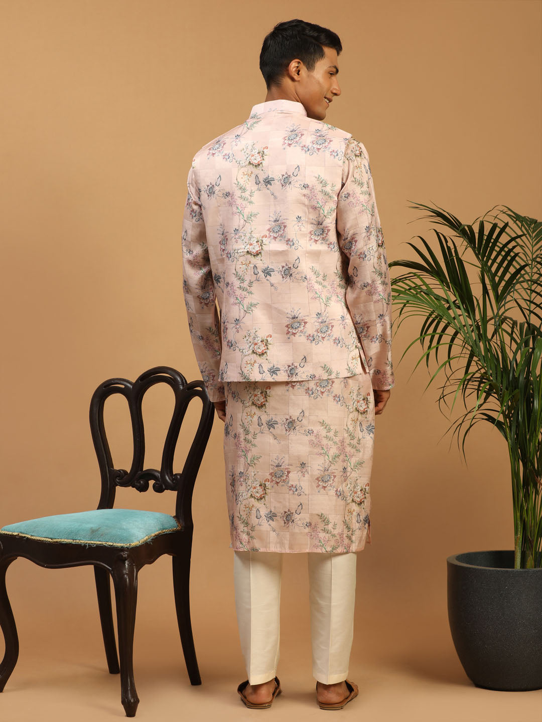 Men's MulticolorBasePeach Cotton Blend Straight Jacket Kurta and Pyjama Set