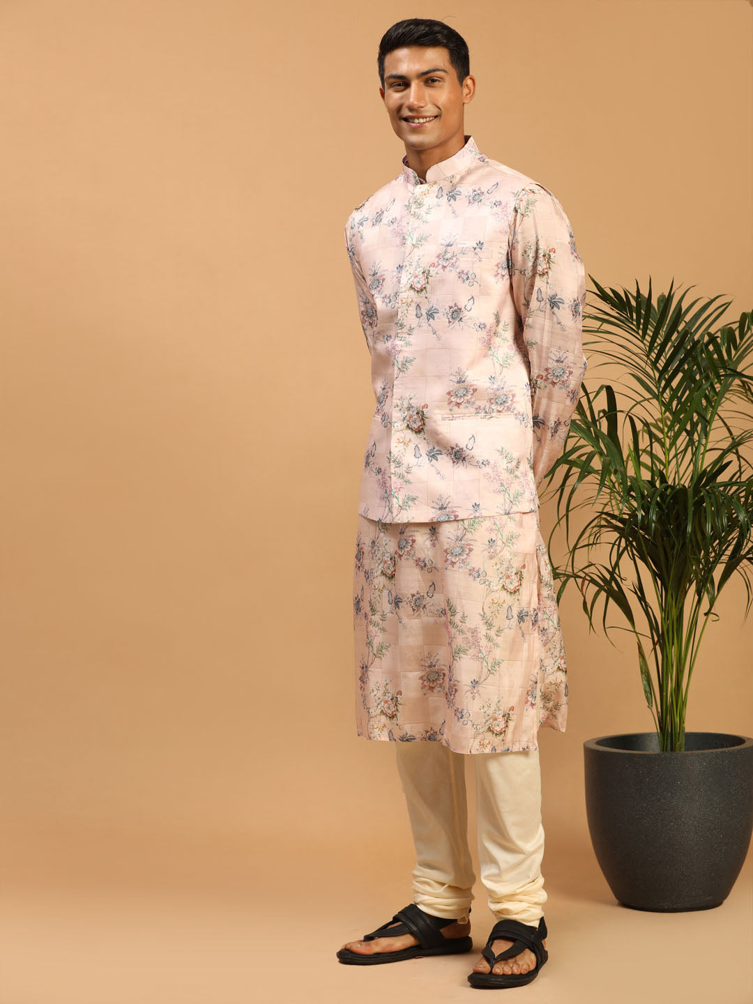 Men's MulticolorBasePeach Cotton Blend Straight Jacket Kurta and Pyjama Set