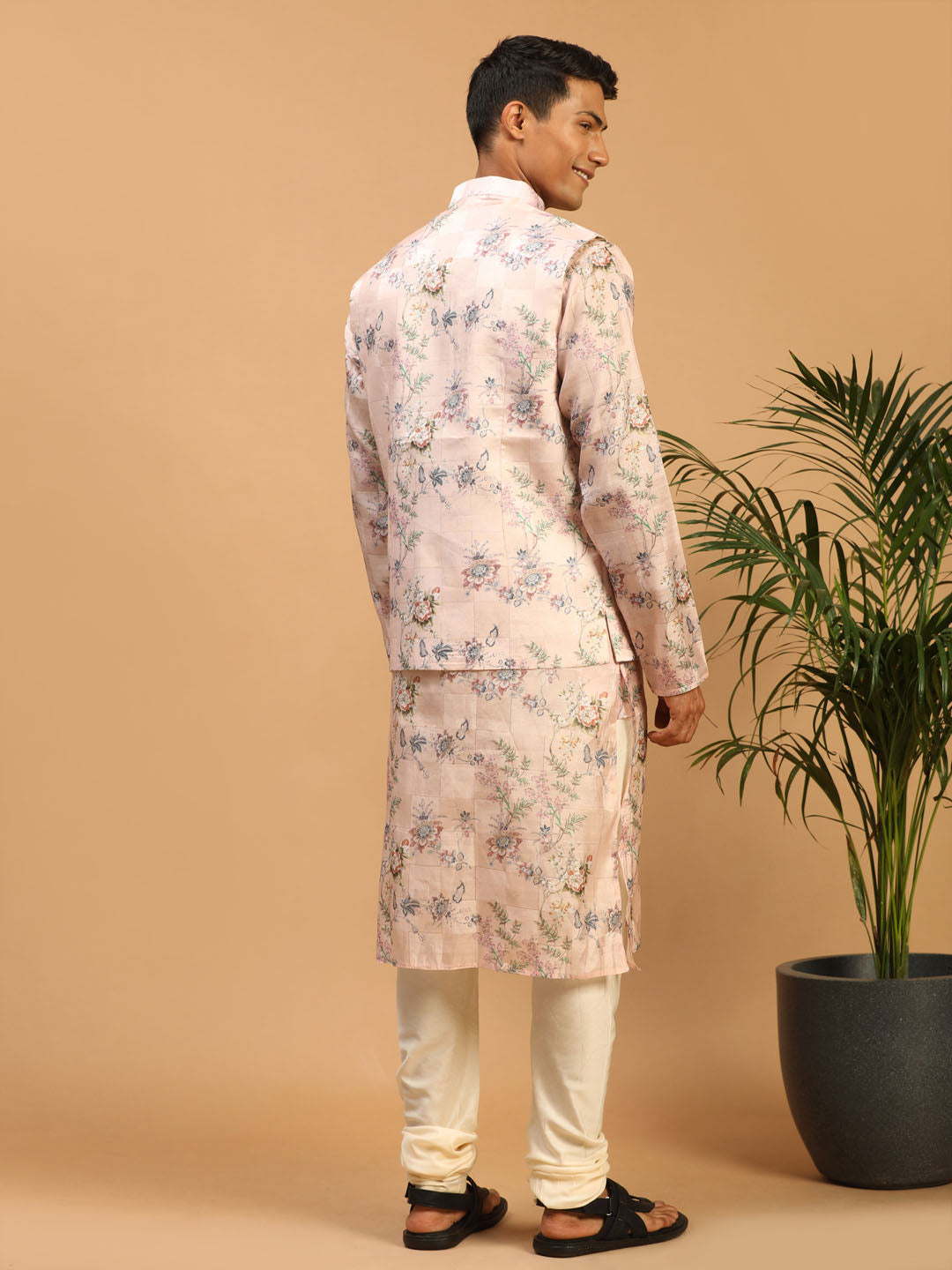 Men's MulticolorBasePeach Cotton Blend Straight Jacket Kurta and Pyjama Set