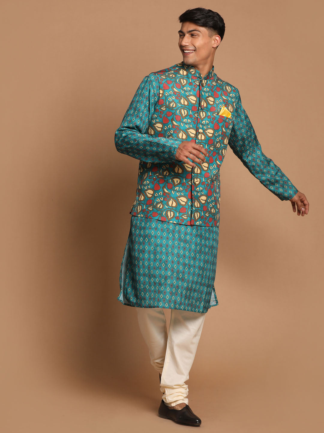 Men's Green Cotton Blend Straight Nehru Jacket