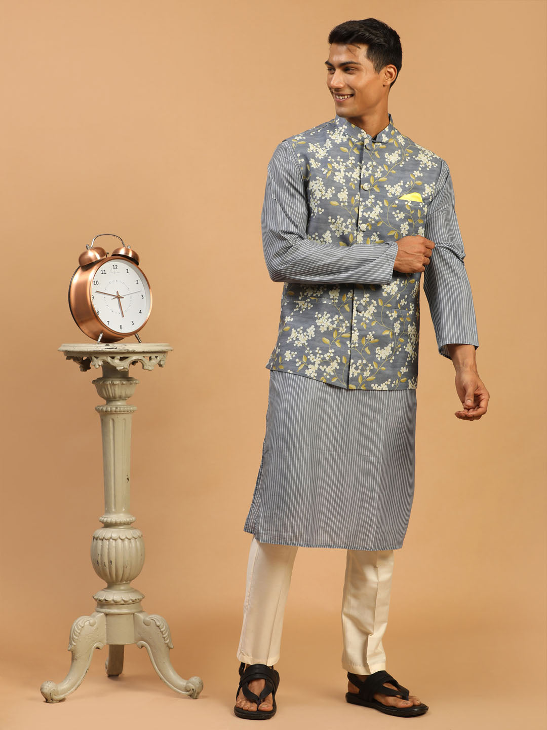 Men's Grey Cotton Blend Straight Jacket Kurta and Pyjama Set
