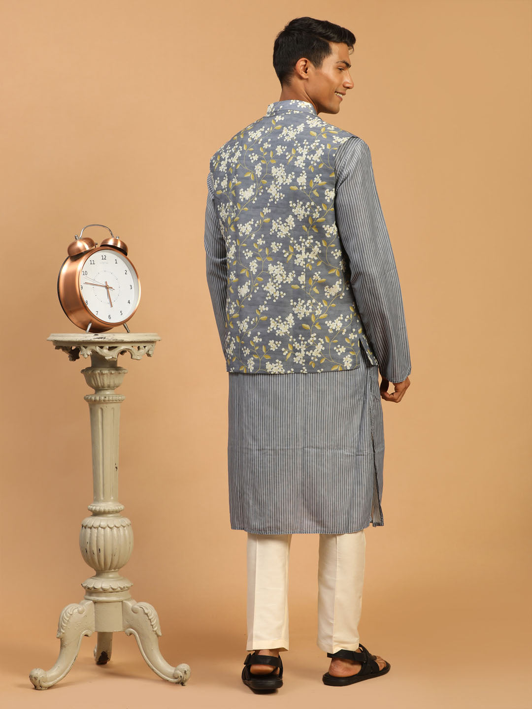 Men's Grey Cotton Blend Straight Jacket Kurta and Pyjama Set