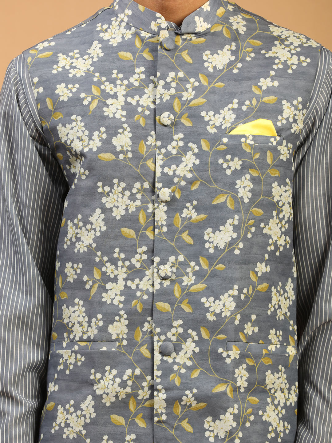 Men's Grey Cotton Blend Straight Jacket Kurta and Pyjama Set