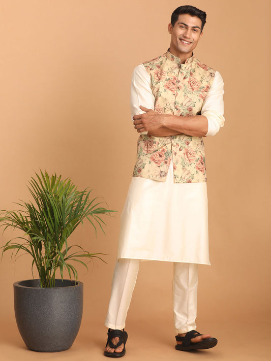 Men's Brown Silk Blend Straight Jacket  Kurta and Pyjama Set