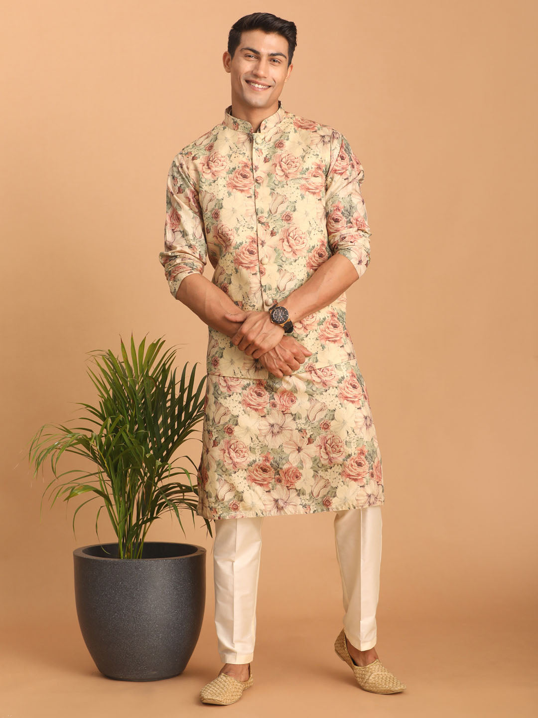 Men's Multicolor Cream Base Silk Blend Straight Jacket Kurta and Pyjama Set