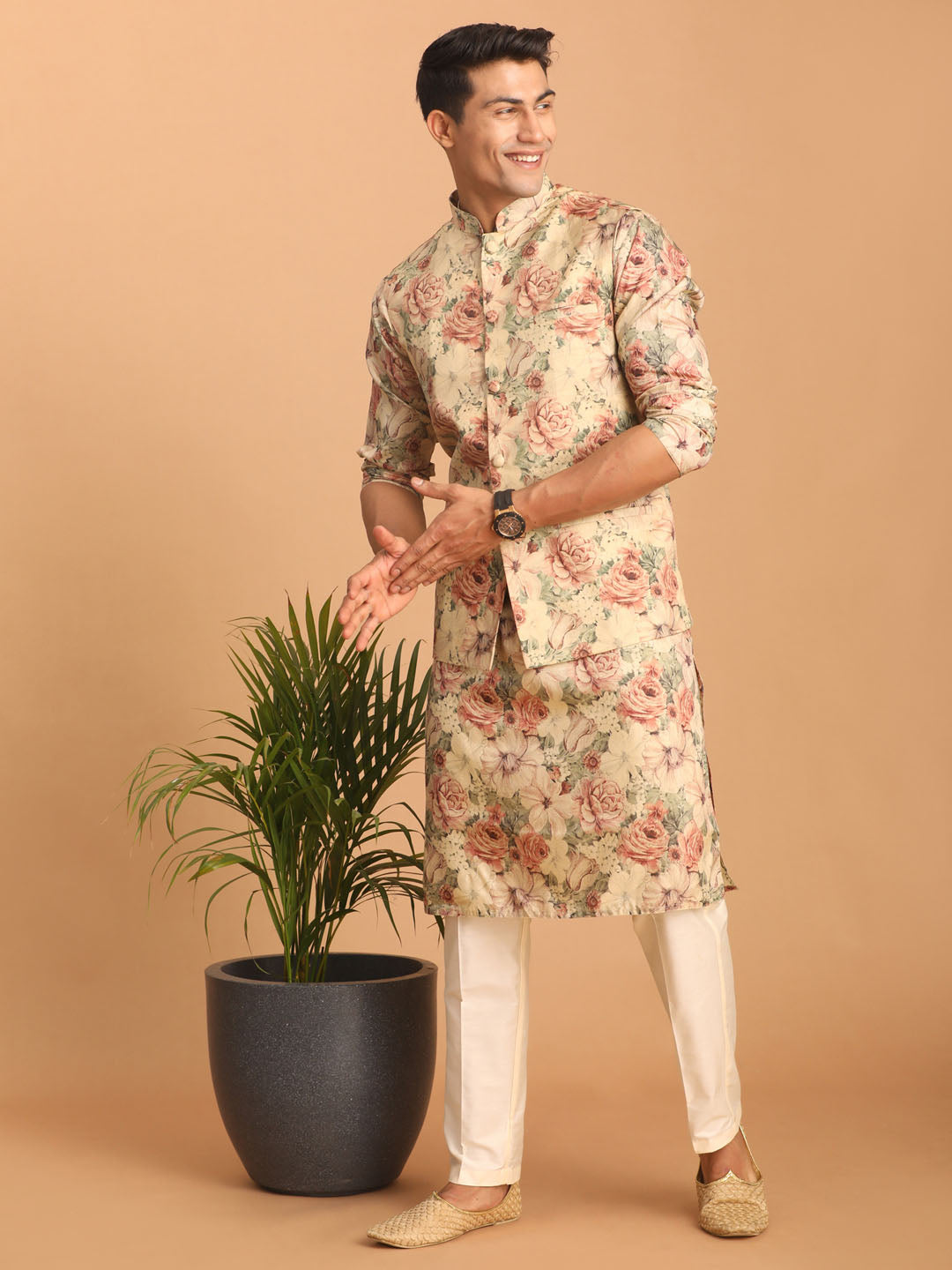 Men's Multicolor Cream Base Silk Blend Straight Jacket Kurta and Pyjama Set