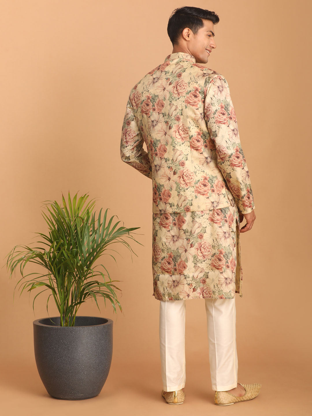Men's Multicolor Cream Base Silk Blend Straight Jacket Kurta and Pyjama Set