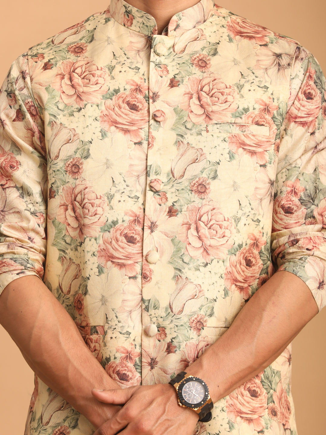 Men's Multicolor Cream Base Silk Blend Straight Jacket Kurta and Pyjama Set