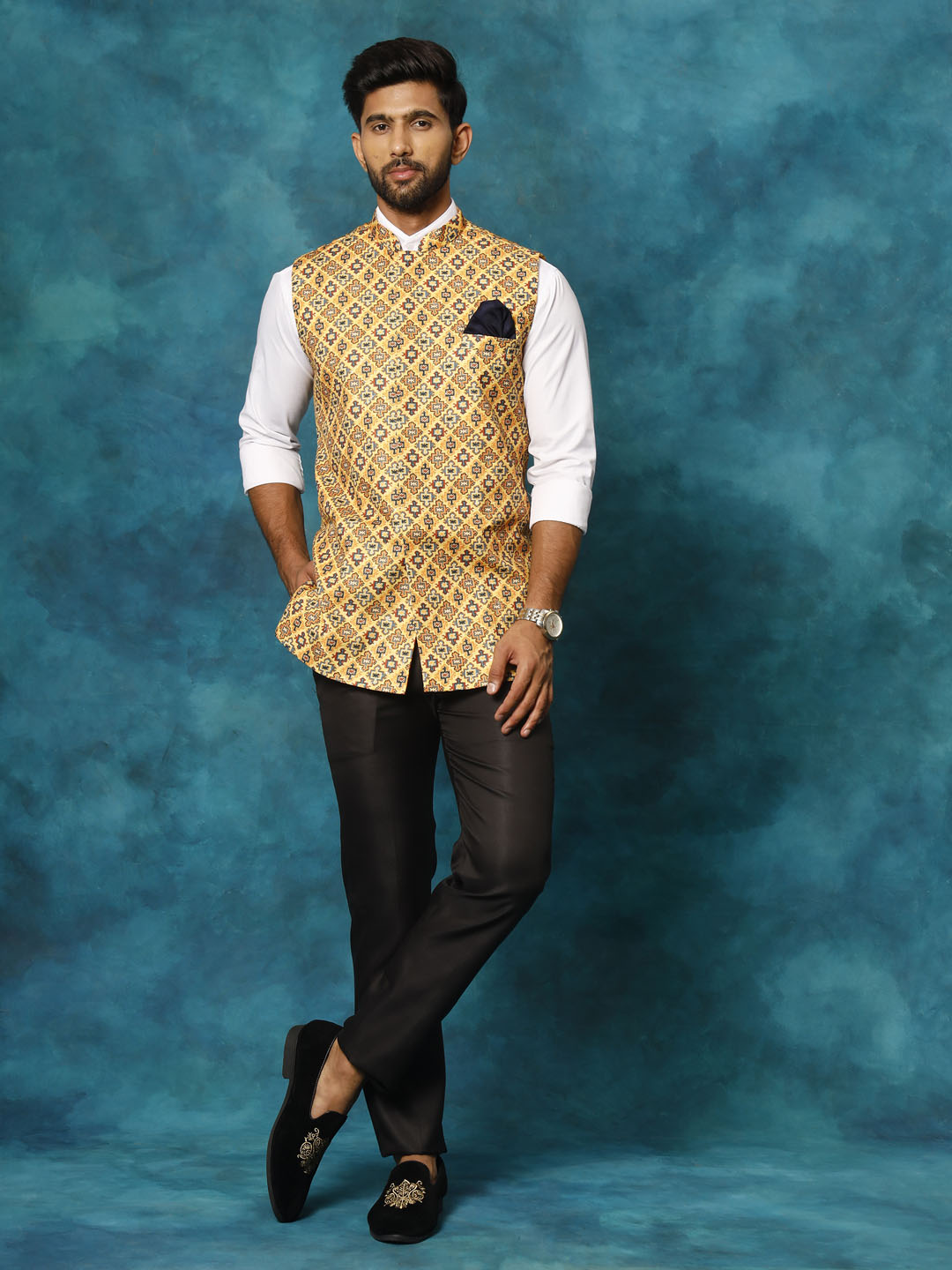 Men's Mustard Yellow Cotton Blend Straight Nehru Jacket