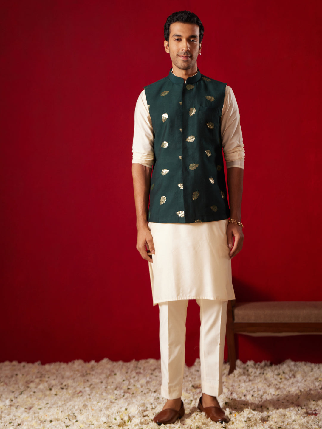 Men's Green Silk Blend Straight Nehru Jacket