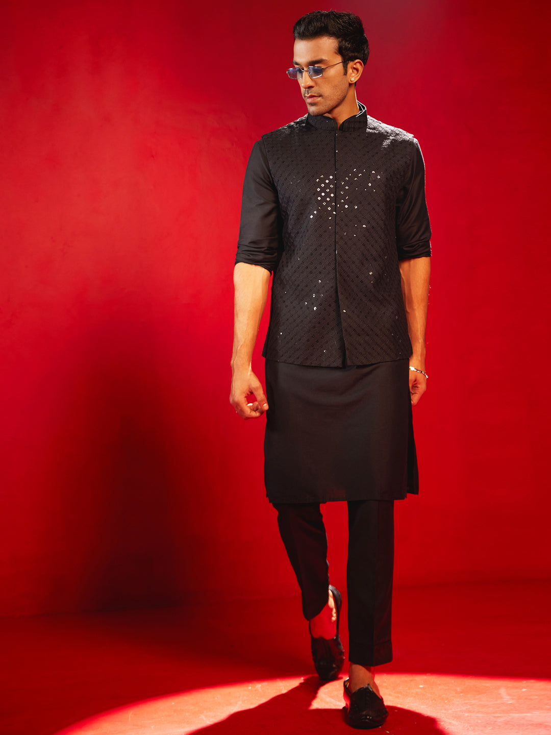 Men's Black Silk Blend Straight Nehru Jacket